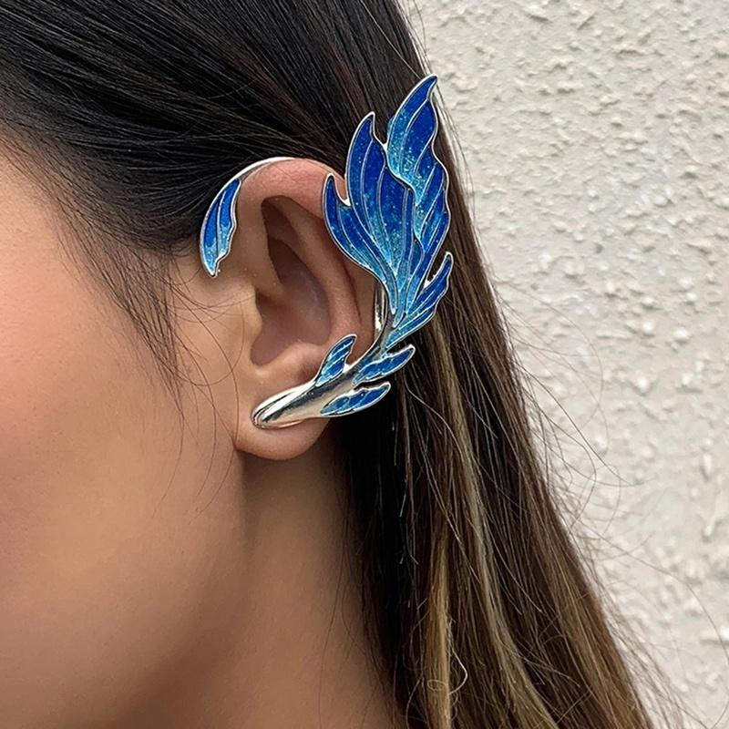 Modeschmuck für Frauen, blau bemalte Elfen-Ohrmanschetten für Frauen, Fisch-Tier-Clip-Ohrringe, Feenflügel, ohne Piercing-Ohrringe Left