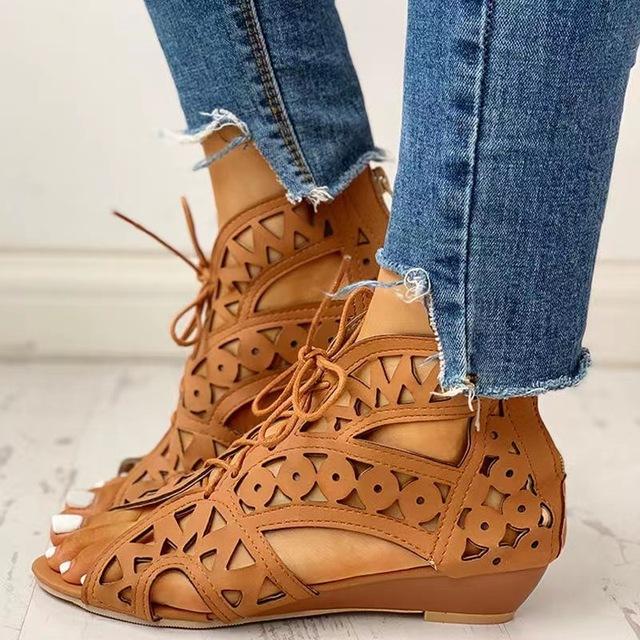 Sommer Sandalen Peep Toe Damen Durchbrochene Schuhe Retro Sandalen Frau Outdoor Sandalen Plateau Bequeme Schnürung Große Größe 35 ~ 43 35 braun