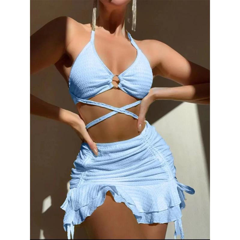 Sexy Gelber Bikini Damen Einfarbig Neckholder Ringverbunden Überkreuzt Cover-Up 3-teiliger Badeanzug 2025 Badeanzug Rüschen Rock Bademode S himmelblaue
