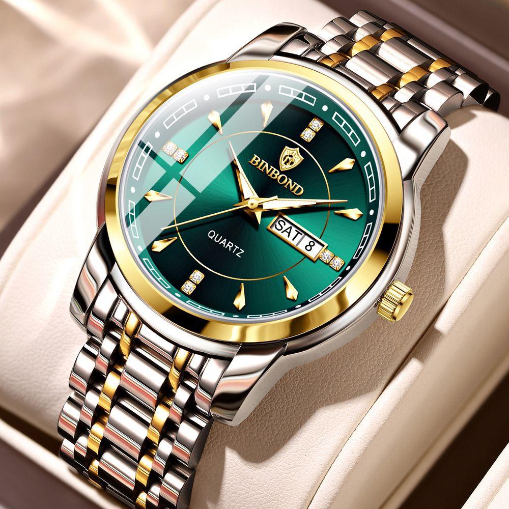 Herrenuhren, modisch, goldene Quarzuhr für Mann, Edelstahl, wasserdicht, leuchtend, Armbanduhr mit Datum und Woche grün/gold
