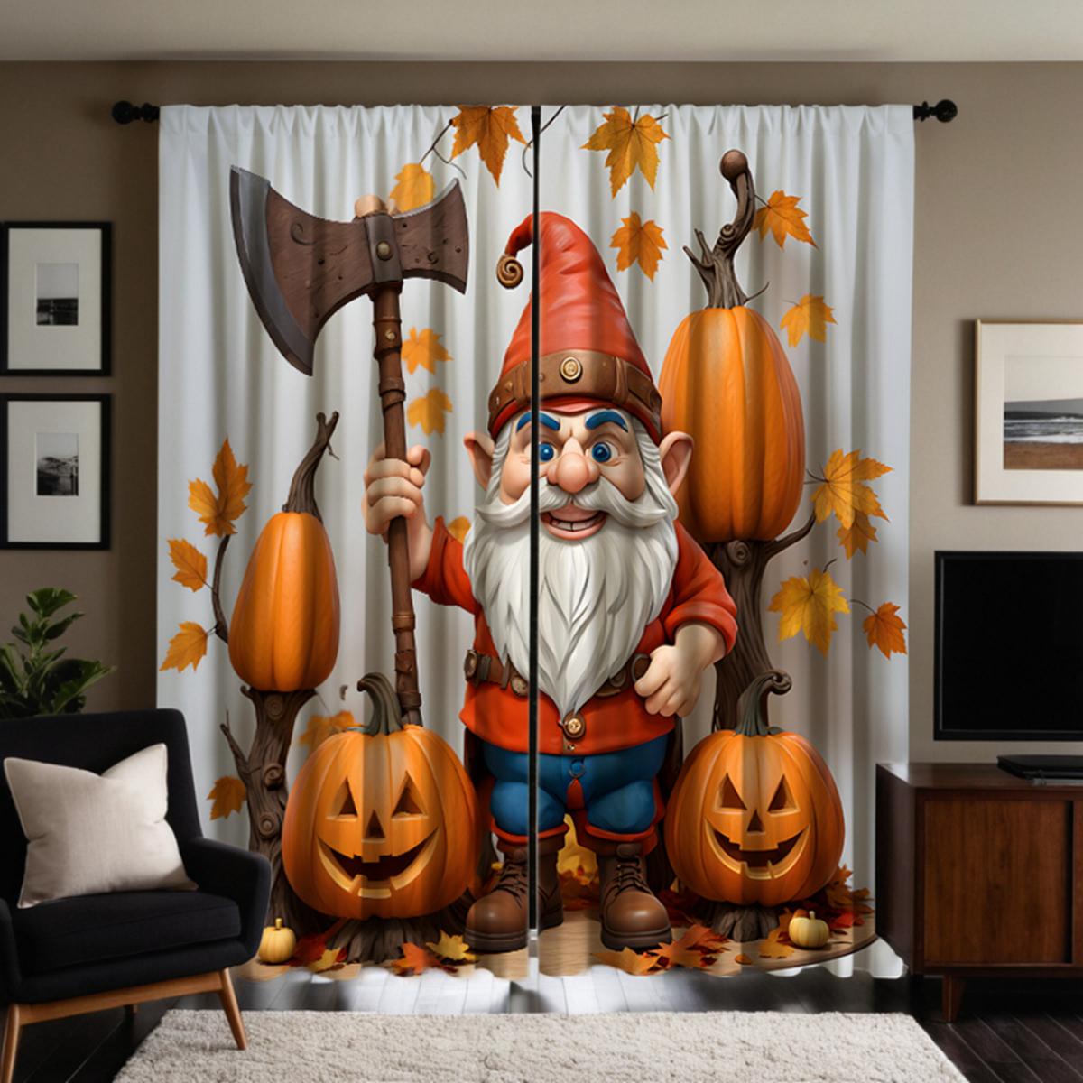 2 Stück HD Thanksgiving Kürbis mit Axt alter Mann dekorativer Vorhang Gelber Krawatte digital bedruckter Vorhang Heimdekoration Stil dec W52H63inchW132H160cm white