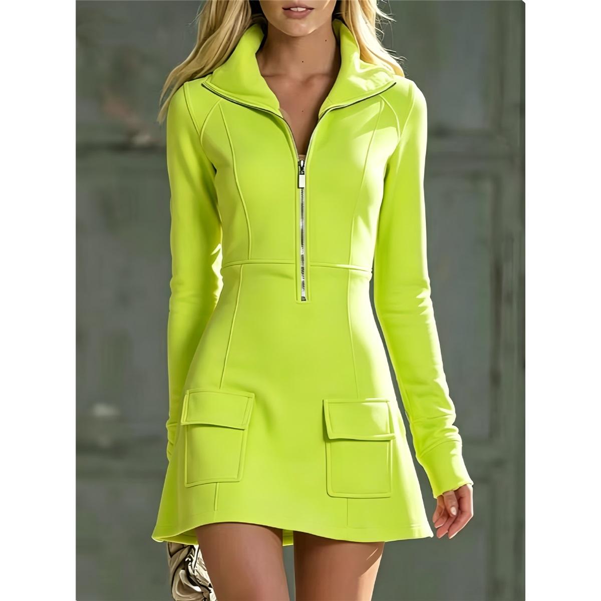 Damen Halbzipper Reverskragen Strick Mini-Kleid Langarm Tasche Bodycon Kurzes Kleid Freizeit Party Damenkleider XXL fluoreszierende grün