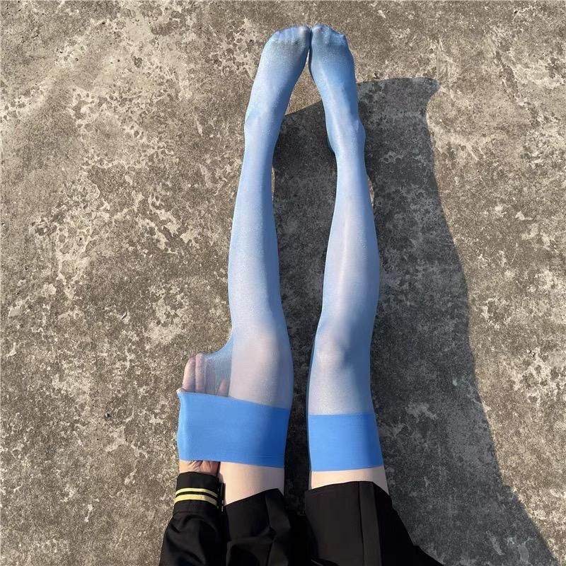 Glitzernde Strümpfe für Damen, 12D, ultradünn, für den Sommer, Damen-Collant, sexy Dessous, durchsichtige Strümpfe, breite Rippendetails One Size blau