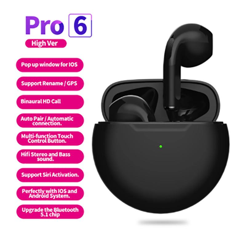 Air Pro 6 Kabellose Kopfhörer mit Mikrofon, Fone Bluetooth-Kopfhörer, Sport-Ohrhörer, Lauf-Pro6-Headset für Apple IPhone Xiaomi schwarz