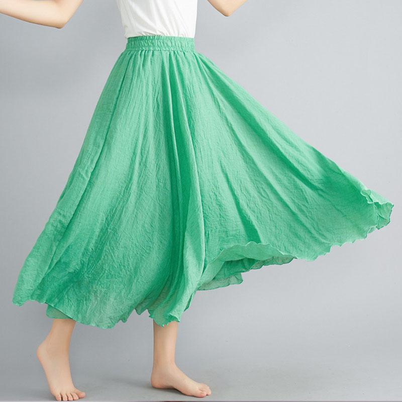 Sommer Herbst Damen Rock Literarisch Große Baumwolle Leinen Halbrock Elastische Taille Leinen A-Linie Rock Langer Abschnitt Reine Farbe Wind Swing Rock L grün