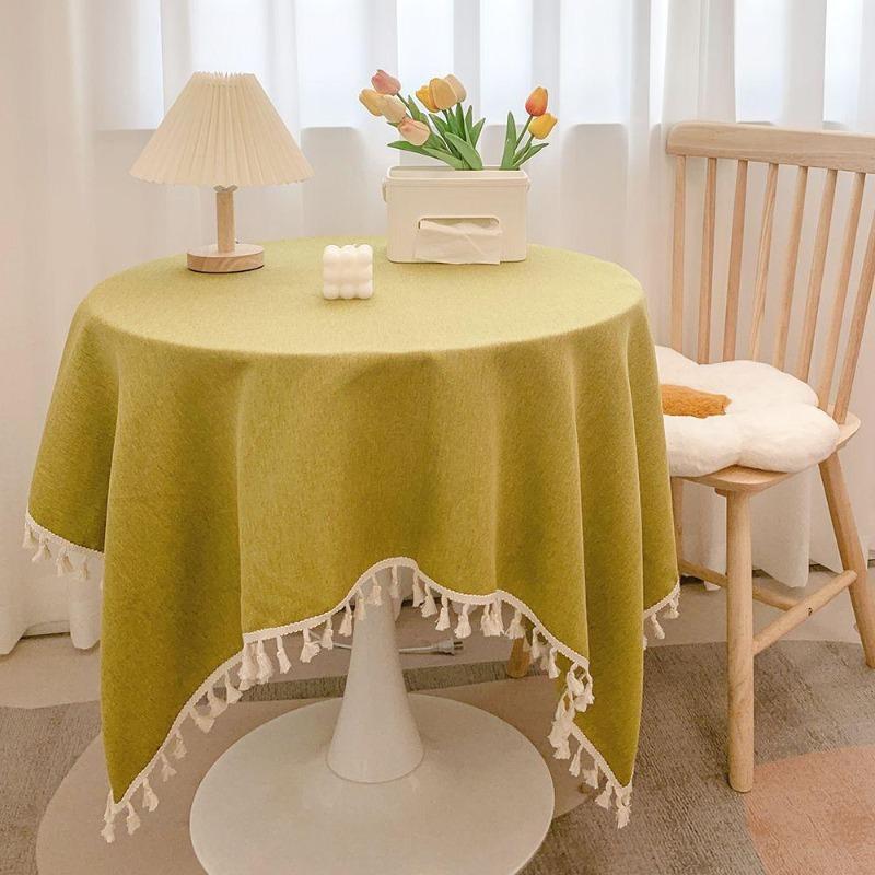 Tischdecke aus Leinen mit Fransen - Rustikale runde Tischdecke für Schreibtisch, Teetisch, Esszimmer & Ästhetische Dekoration 140*200cm