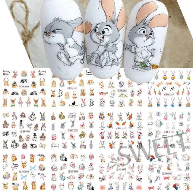 Weisheit Hase Nagel Wasserschieber Aquarell Cartoon Design Blume Blatt Frühling Abziehbilder Folien DIY Zubehör Wasserzeichen Aufkleber Dekor BN2449-2460