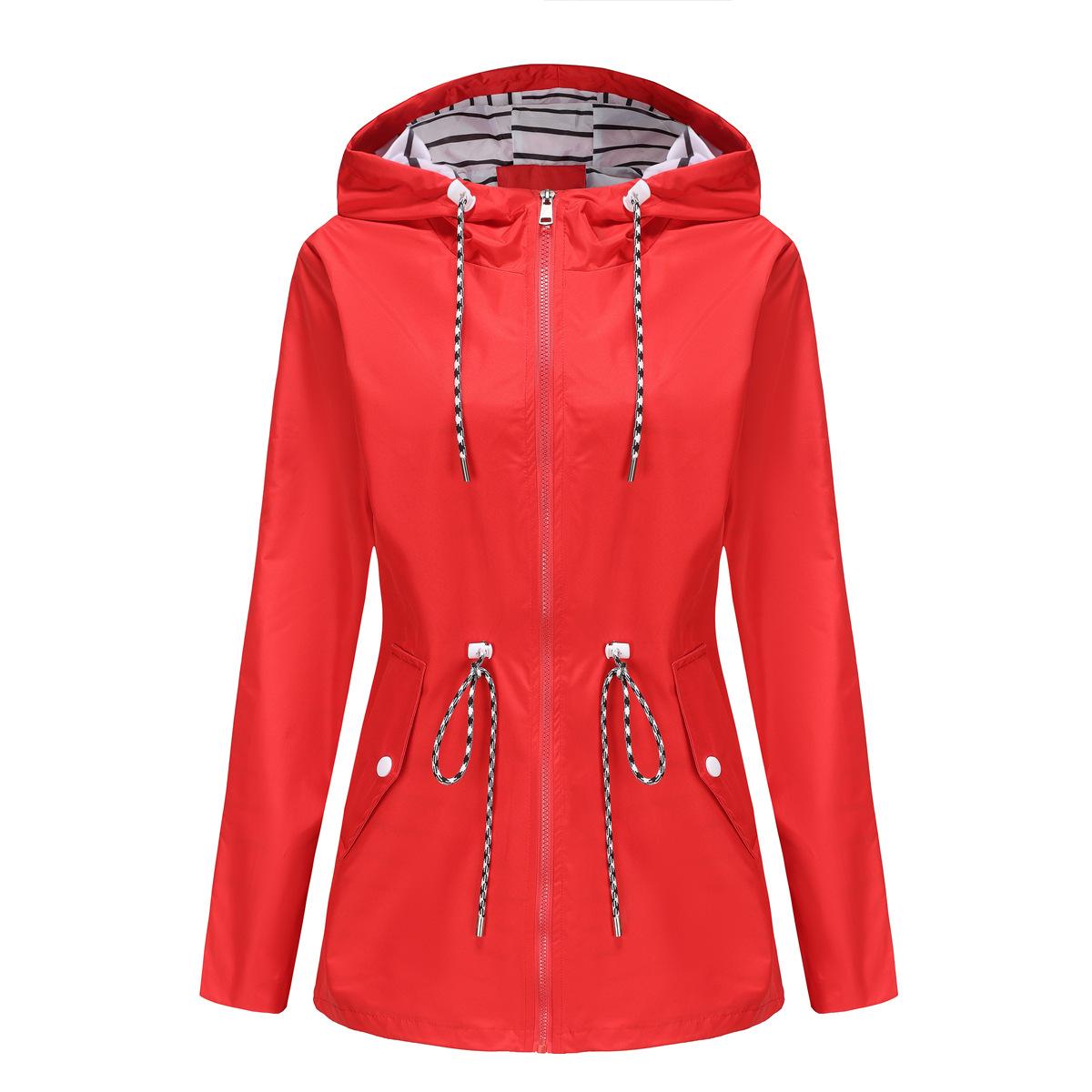 YJKDYK 2024 Frühling Herbst Damen Outdoorjacke Damen Wasserabweisend Mittellang Windjacke Damen Kapuze Streifen Mäntel S rot
