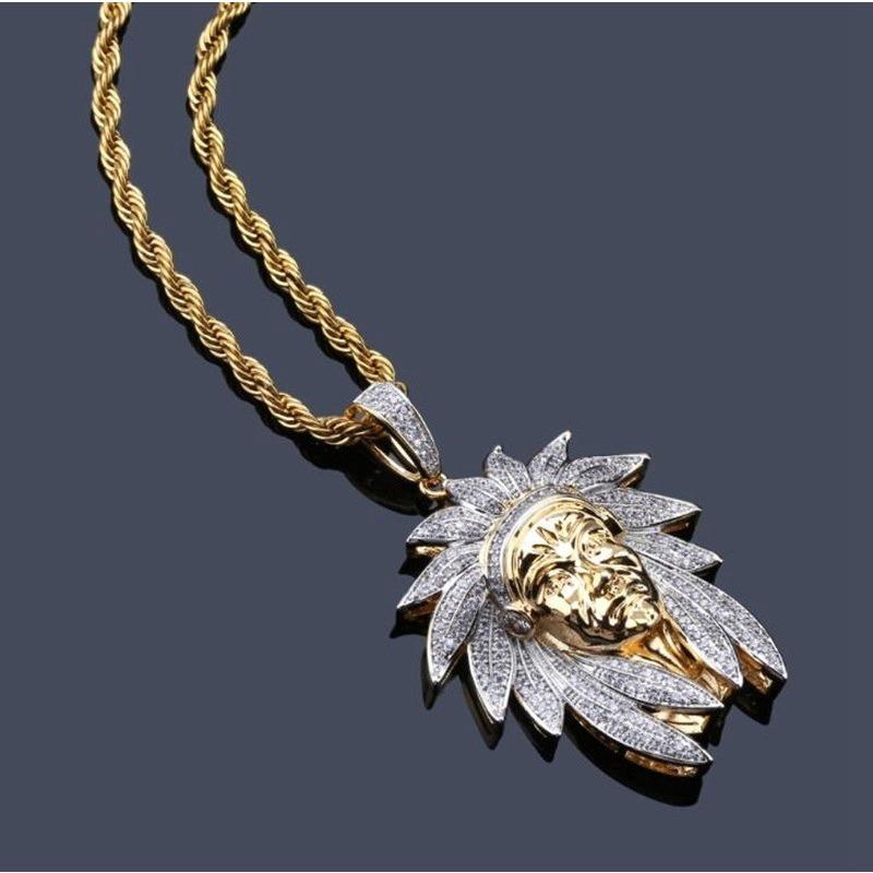 Indianische Häuptlingskopfschmuck Anhänger und Halskette Hip Hop Herrenschmuck Kette gray