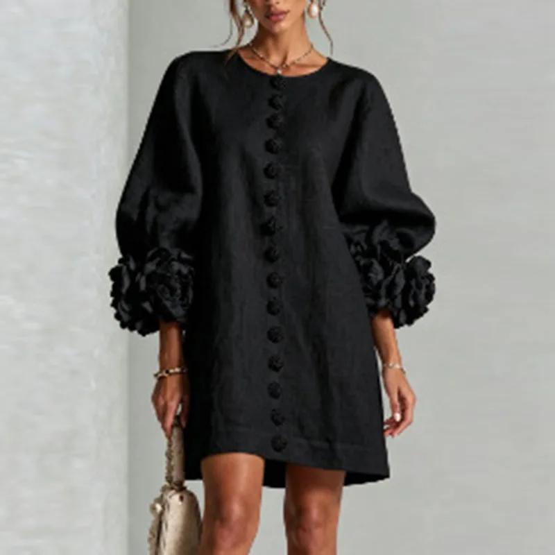 Damen Lockeres Minikleid Rundhalsausschnitt Puffärmel Langarm 3D Blumenmanschette Dekorativer Knopf Vorne Freizeit Leinenoptik Damen Kurze Kleider XL schwarz
