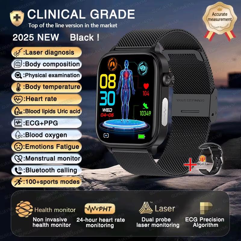 2025 Neue EKG+PPG KI Gesundheitsdiagnose Smartwatch Herren Damen Uhr Blutfett BD Harnsäure Herzfrequenz Tracker Black-Mesh-Belt