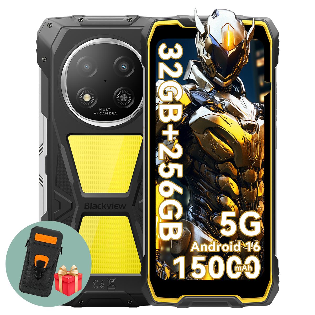 Blackview ROCK 2 Pro Robustes Mobiltelefon, 8 GB RAM, 256 GB ROM, 5G, Android 16, 15000 mAh Smartphone with a phone case gelb