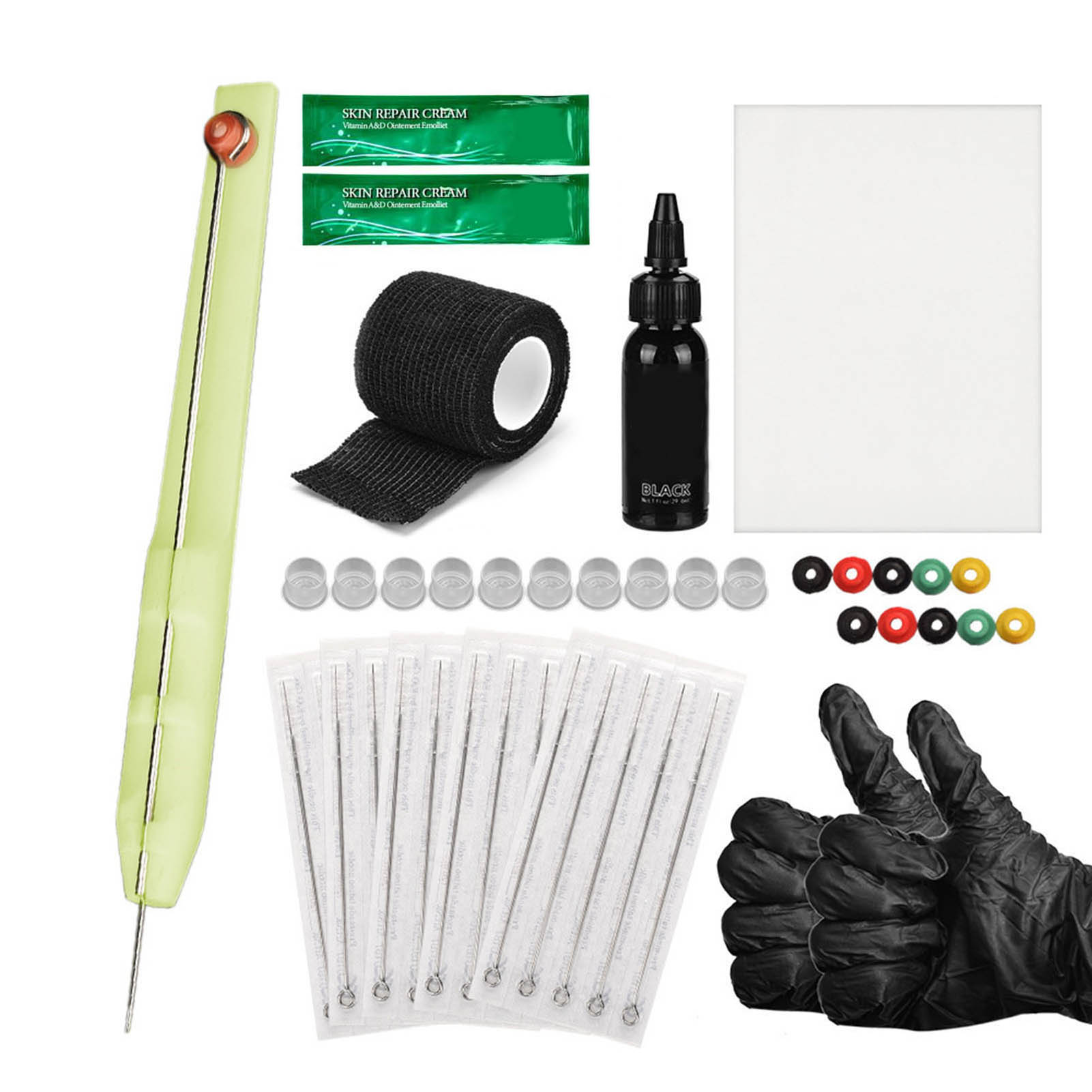 ATOMUS Hand-Stick-Tattoo-Kit DIY Tattoo-Zubehör Tinte Handschuhe Tintenbox Nadelset 1RL 3RL 5RL 7RL 9RL Übungshaut gelb