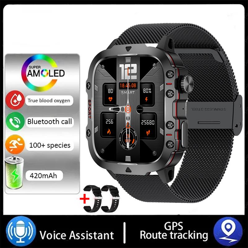 Neue Smart Watch 1,96 Zoll Bildschirm 420 MAh Bluetooth Anruf Sprachassistent Uhr Sport Fitness Wasserdichte Smartwatch für Männer Mesh belt + silicone + si schwarz