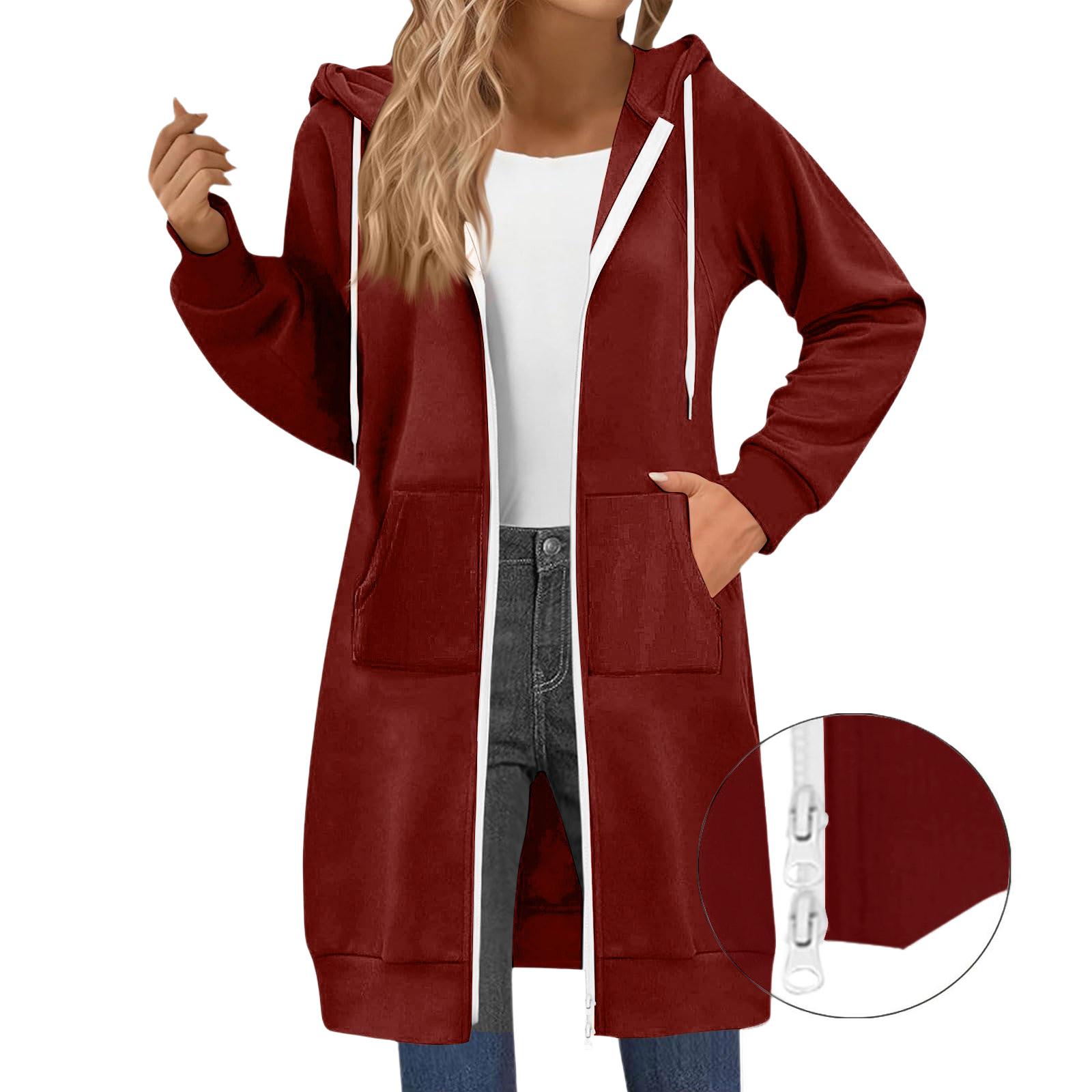 Damenmode Raglanärmel Langarm Casual Jacke mit Doppelreißverschluss Hoodie M weinrot