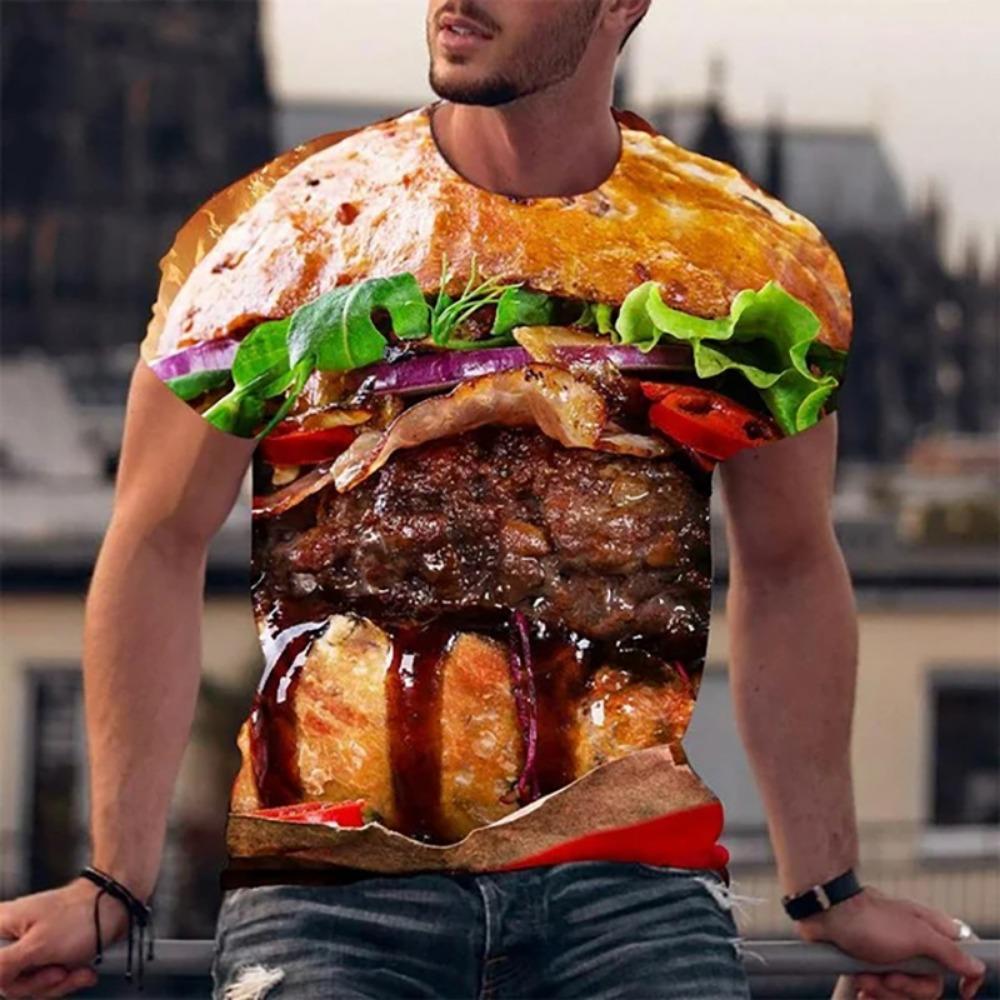 Lustige T-Shirts Hamburger Essen 3D-Druck Streetwear Herrenmode Übergroß Kurzarm T-Shirt Tees Tops Herrenbekleidung M