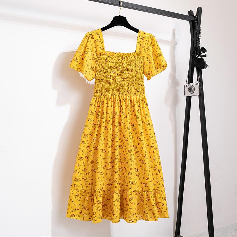 Chiffonkleid Damenkleider Damen Kurzarm Elastische Taille Bedruckt Floral Plissiert Rückenfrei Freizeitkleid gelb