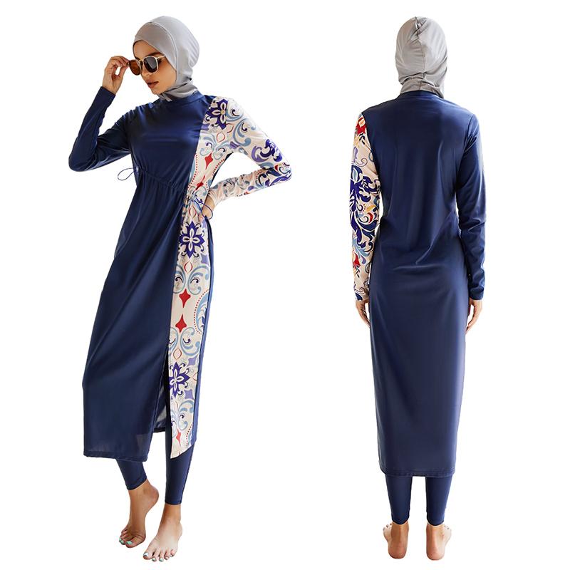Muslimischer Badeanzug für Frauen mit Kappe, bedruckt, Badeanzug, Strandmode, Damen-Bademode, lange Ärmel, islamische Burkinis, Badeanzug, ganzer Badeanzug S dunkelblaue