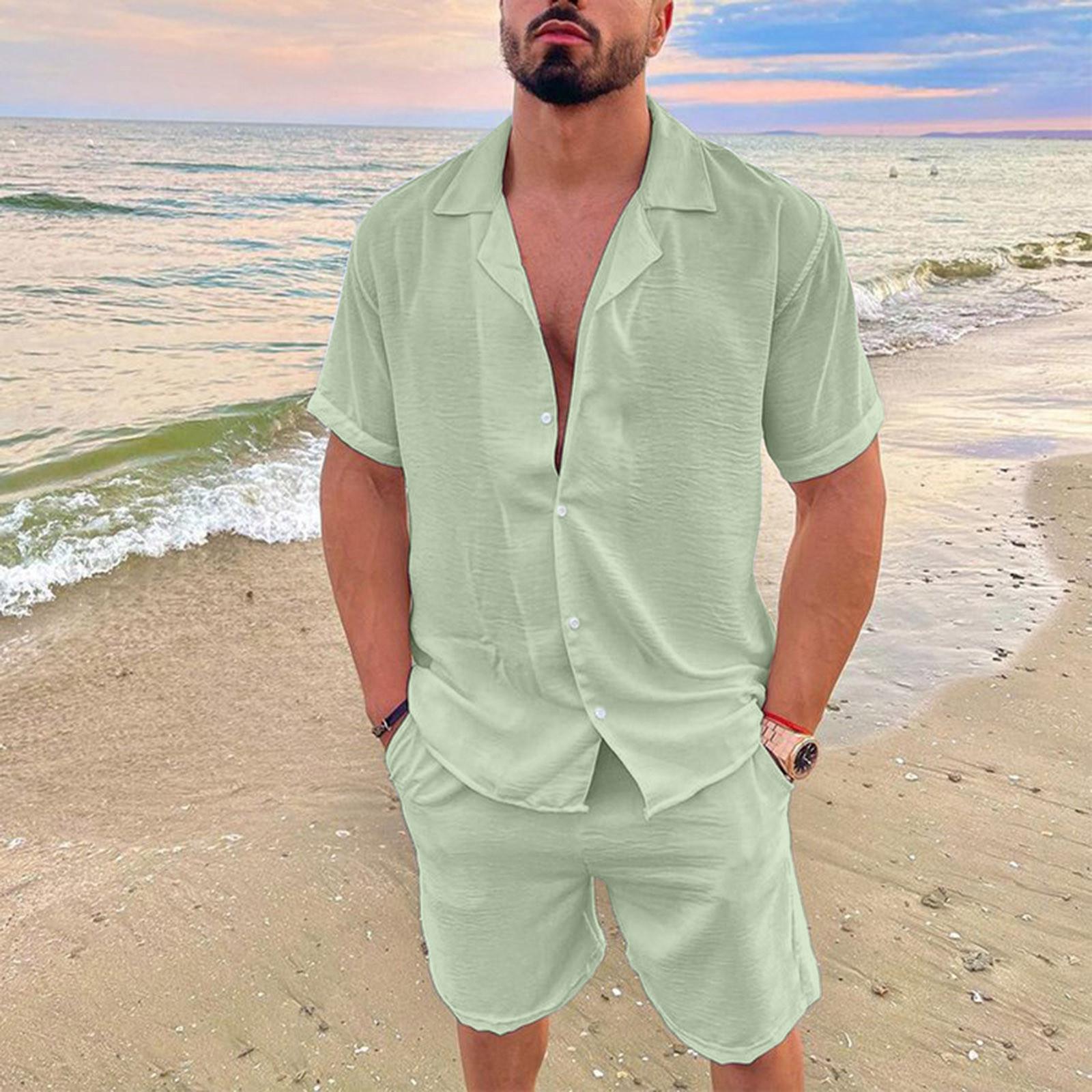 Plus Size Herren Casual Leinen Zweiteiler Sets Europa Stil Vintage Tops Bluse und weiße Shorts Anzug Männlichen Strand Trainingsanzüge Set M hellgrüne