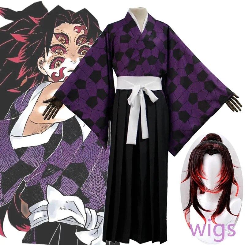 Anime Cosplay Dämon Slayer Kimetsu Keine Yaiba Kokushibo Danganronpa Cosplay Perücken Druck Kimono Uniform Hemd Halloween Karneval XXXL-(Full set+wig)