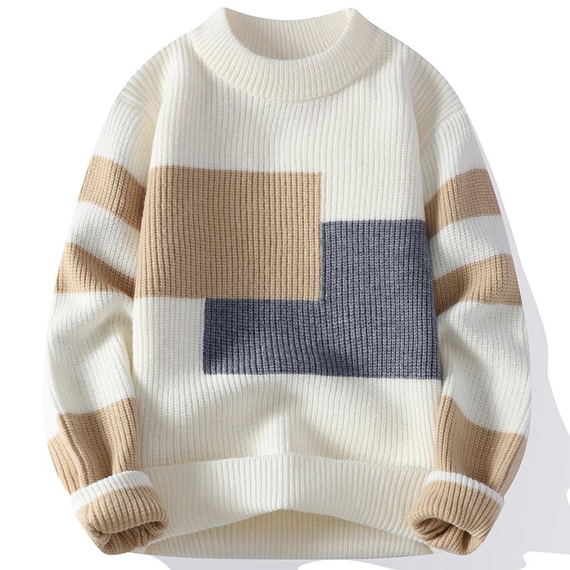 Winter Herbst Pullover Männer Koreanischen Stil Herren Warme Pullover Rundhals Herren Pullover Spleißen Farbe Muster männer Wolle Pullover Männlich XXXL weiß