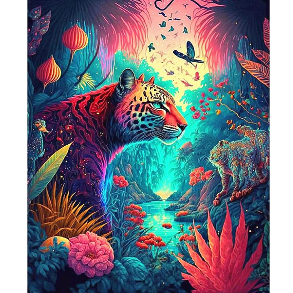 Rahmen, Malen nach Zahlen für Erwachsene, Kits, Wandkunst, Tiere, Leopard, Malen nach Zahlen, Acrylfarbe, DIY-Kunsthandwerk für Heimdekorationen, 40 x 50 cm 40x50cm NO Frame