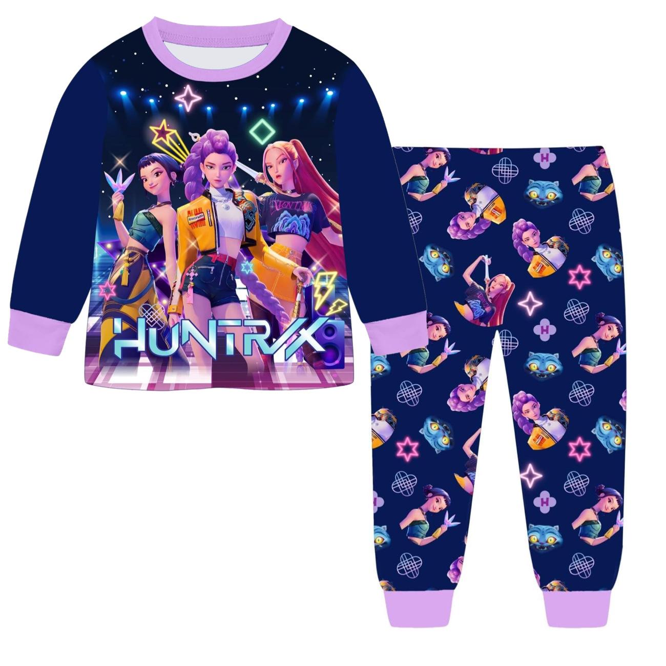 Anime Kpop Dämonenjäger Zoey Kostüm Herbst Pyjamas für Kinderbekleidung 3-14 Jahre Kinder Huntrix Rumi Mädchen T-Shirt Hosen Sets 150(10-12Years) dunkelblaue