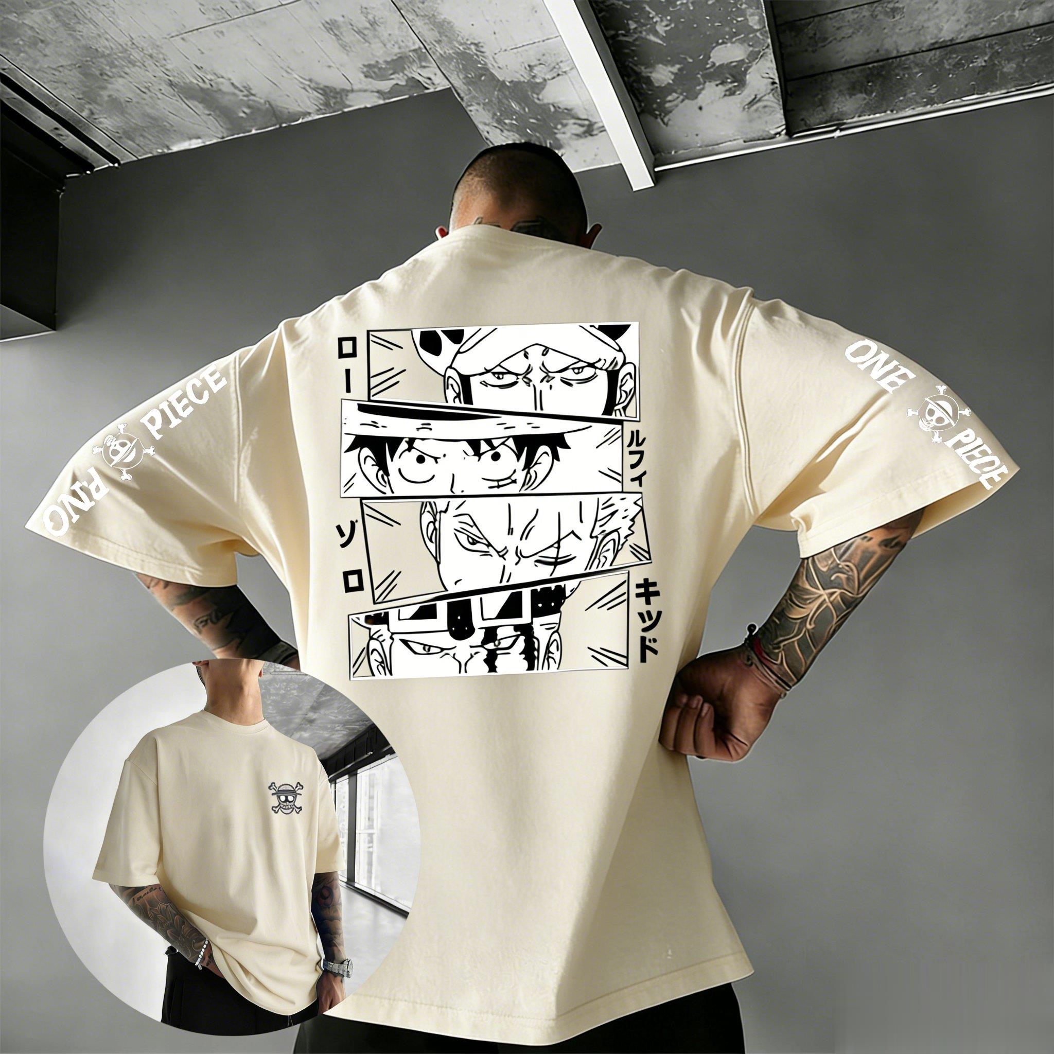 T-Shirt Herren Damen 2026 Sommer Kurzarm Tops Zoro Grafikdruck Harajuku Streetwear Lässig Comic T-Shirt S beige