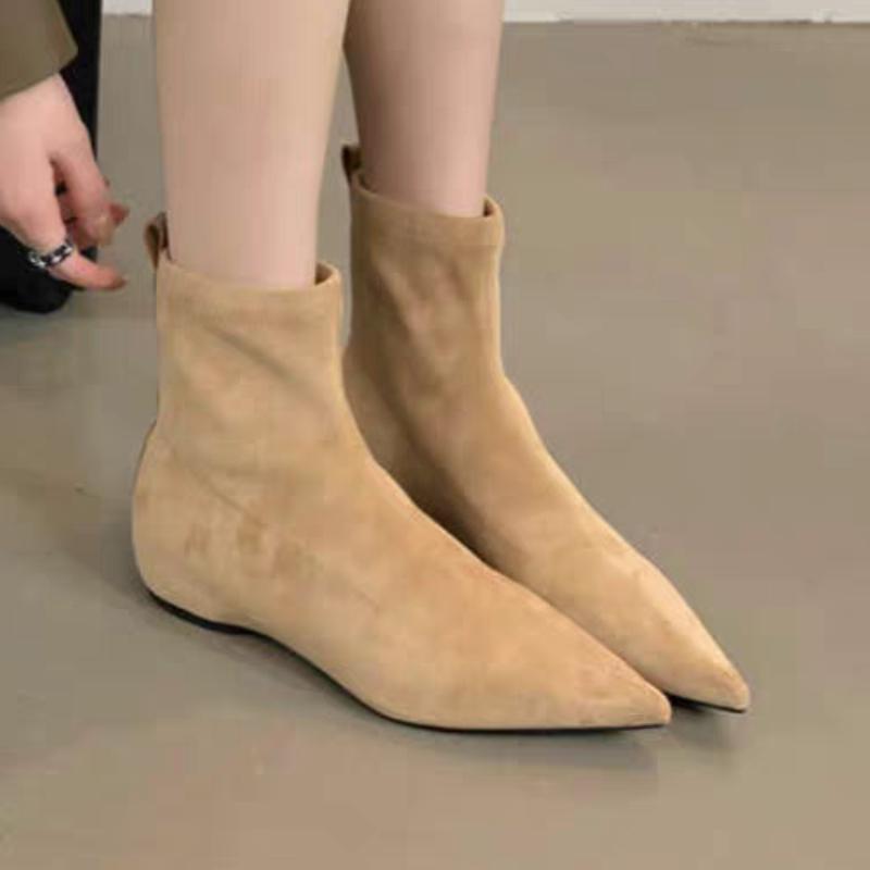 Mode Damen Flats Spitzstiefel Sexy Wildleder Stiefeletten Designer 2025 Neue Winterschuhe Chelsea Elegant Party Frau Mode Botas 37 apricot