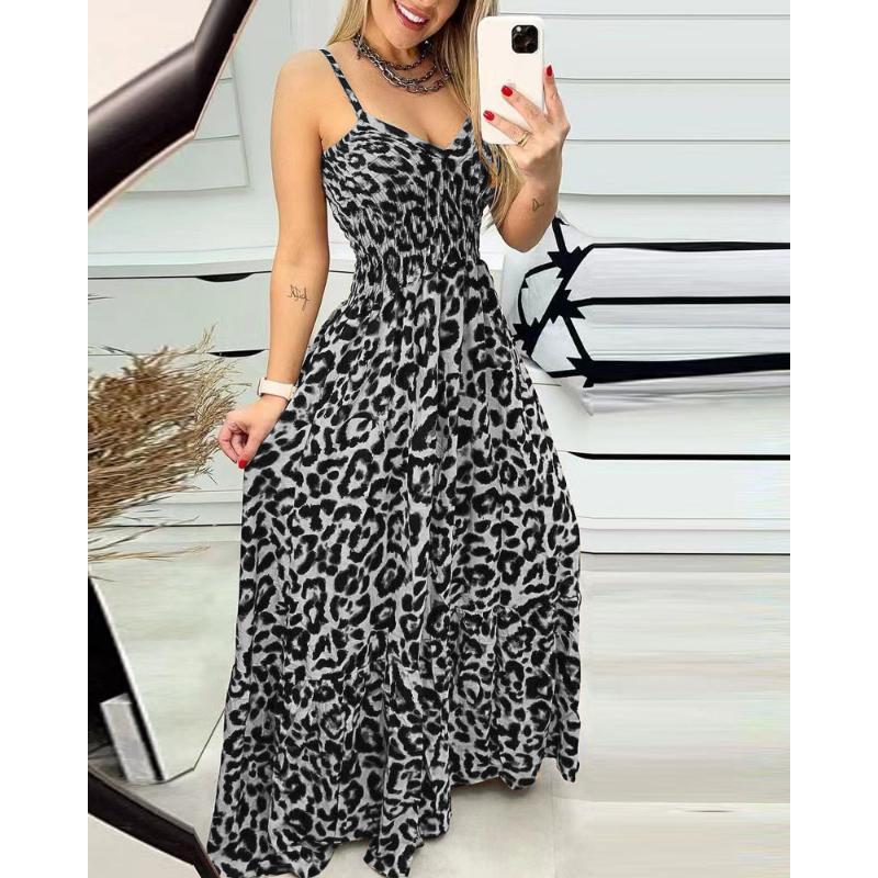 Sommer Frau Halfter Kleid Leopard Print Halter V-ausschnitt Kleid Hohe Taille Kleid Sexy Temperament Mode Lange Kleid L grau