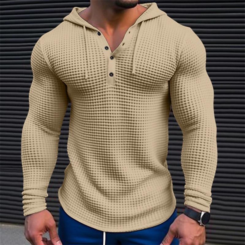 Herren Waffel Top Geknöpft Hoodie T-shirt Urlaub Langarm Casual Fashion Shirts Herren Hoodies & Sweatshirts Herren L khaki