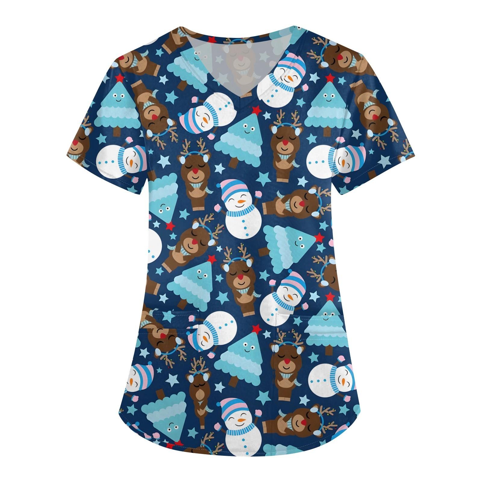 Damenmode V-Ausschnitt Kurzarm Arbeitskleidung mit Tasche Weihnachtsdruck Top XXL blau