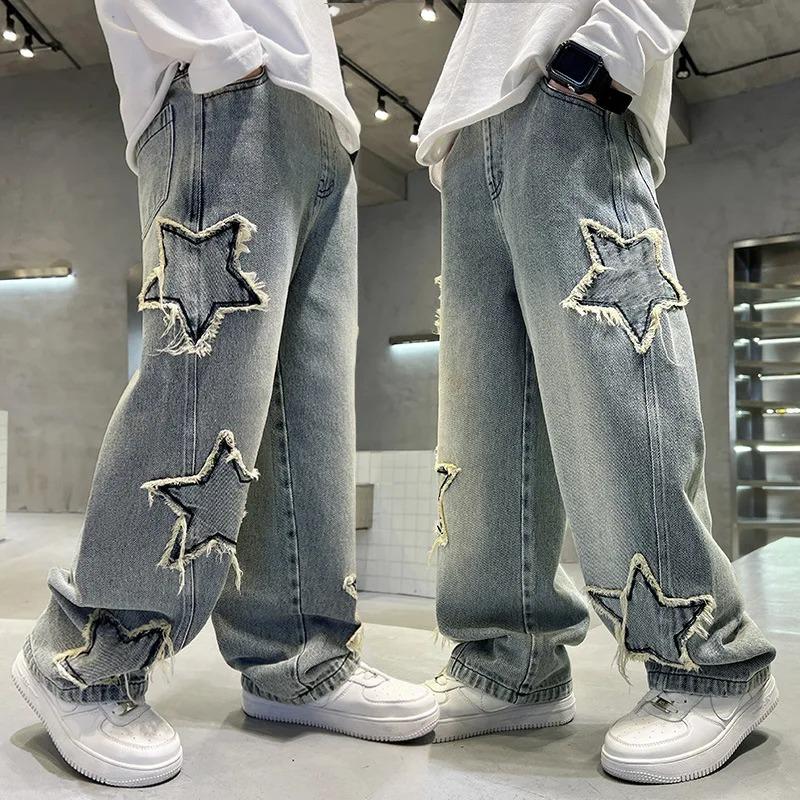 Mode Teenager Jungen Denim Weite Hosen Kinder Hosen Frühling Herbst Stern Patchwork Rohe Jeans Kinder Hosen 140cm blau