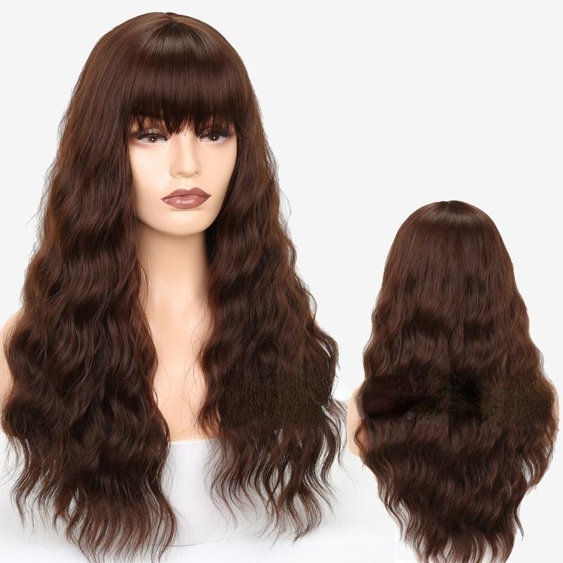 MERISIHAIR Modische lange gewellte Perücke für Damen mit Pony, Kunstfaser, schwarz, braun, blond, gewellte Perücke 8-33