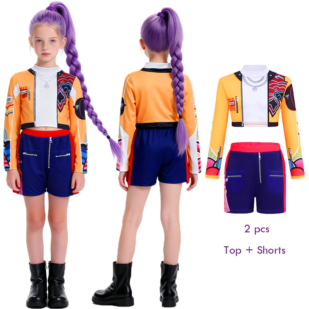 Kinder K-Pop Dämonenmädchen Jägerin Rumi Cosplay Kostüm Perücke Ohrringe Halloween Party Modekleidung Set Kostüm Rumi Requisite 130 orange