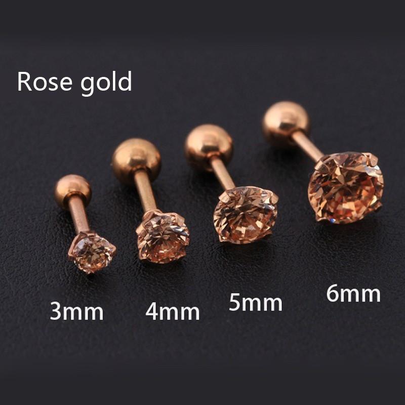 Medizinische Titanstahl-Ohrringe mit grober Nadel und Zirkonia für Mädchen und Männer, mit Strass besetzte Ohrringe, Ohrknochennägel 6mm rose gold