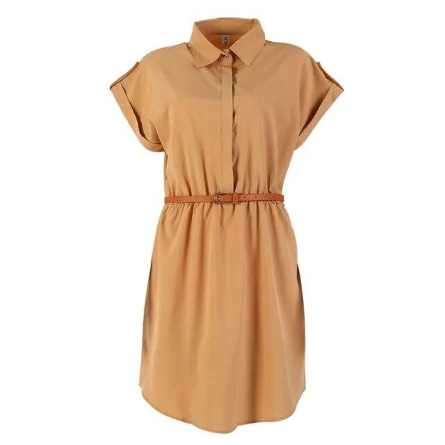 Damen Kleid A-Linie Chiffon Casual Fashion Kurzarm OL Kleid mit Gürtel Kleider XXL khaki