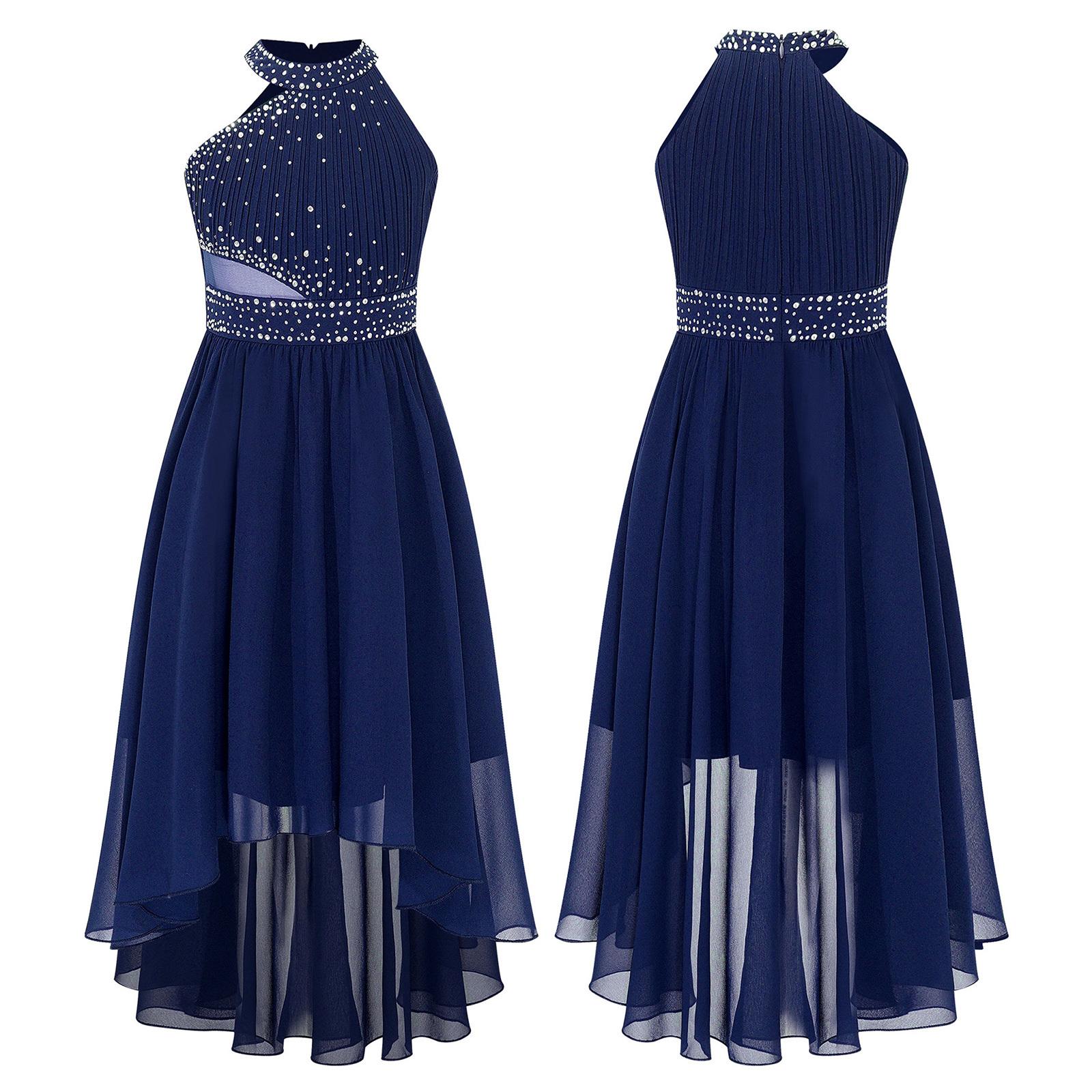Kinder Mädchen glänzendes Strass-Partykleid, ärmellos, gerüschtes Chiffon-Kleid, hohe Taille, elegantes Abendkleid, formelle Ballkleider 9-10 Years navy blau