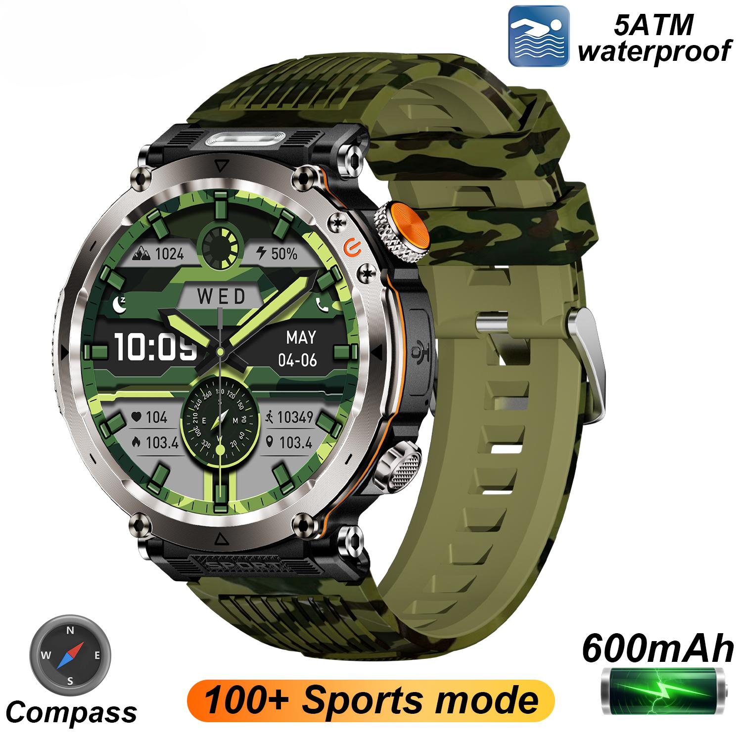 2025 Neue 5ATM Outdoor Smartwatch Herren 600mAh LED Taschenlampe Smartwatch Kompass Bluetooth Anruf Herzfrequenz IP 68 Sport Smartwatch Green camouflage-Silicone