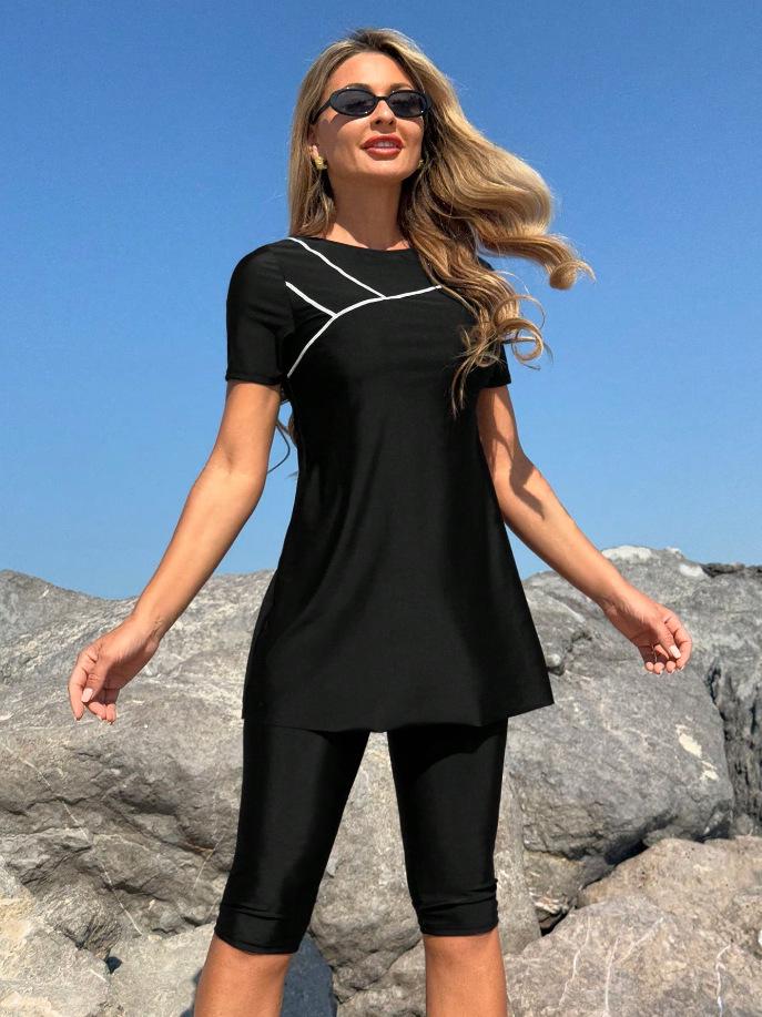 2026 Damen Kurzarm Knieumspielend Geteilter Tankini Badeanzug Extra Large schwarz