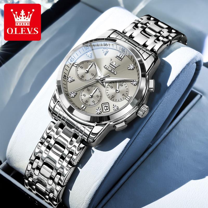 OLEVS Damenuhr Original Elegant Multifunktion Quarz Armbanduhr Wasserdicht Edelstahl Damenuhren Geschenke silber/grau