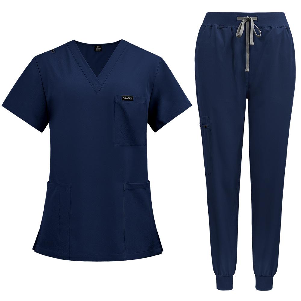 Damen Scrubs Set Joggerhose Henley Zweiteiliges Oberteil und Hose V-Ausschnitt Stretchig Krankenschwester Arbeitsuniform mit Tasche XXL navy blau