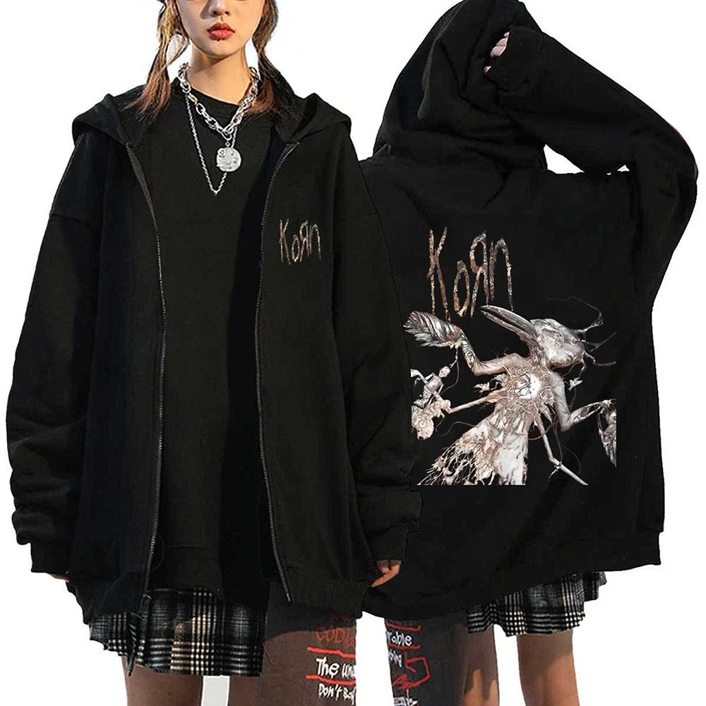 Korn Rock Hoodies WELTTURNÉE Reißverschluss-Sweatshirts Korn Rock Metal Zip-Up Jacken Fleece Übergroße Jacken Mäntel Hip Hop Streetwear S gray
