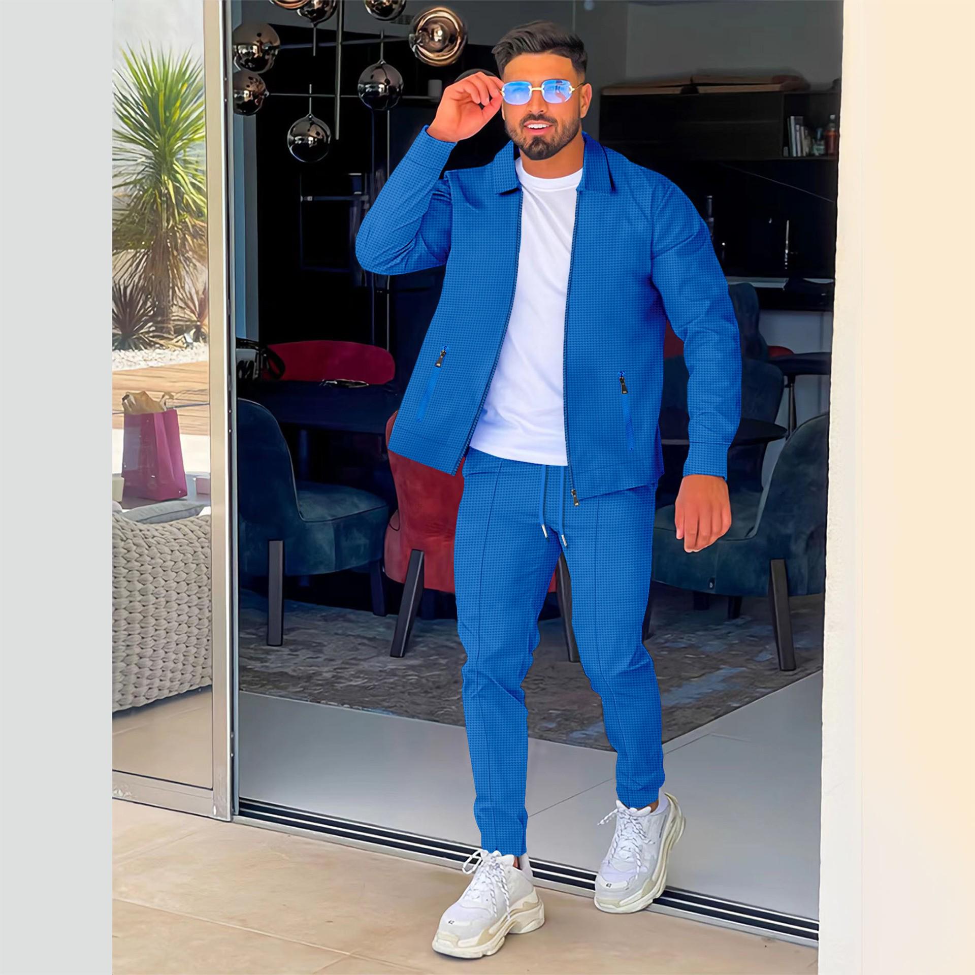 Neuer Anzug aus Waffeljacke und -hose für Herren – europäischer und amerikanischer, lässiger, vielseitiger Stil M königsblau