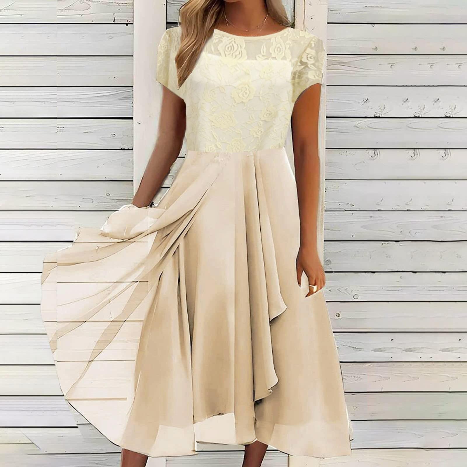 Damen Kleid Chiffon Elegant Spitze Patchwork Kleid Ausschnitt Langes Kleid Brautjungfer Abendkleid L gold