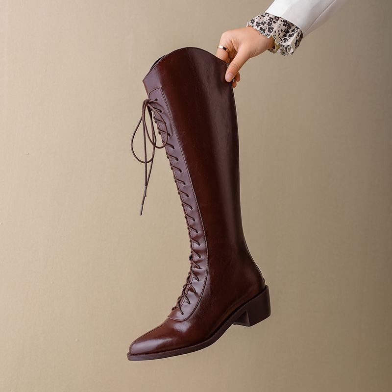 Krazing Pot Rindsspaltleder Herbst Winter Schuhe Mittelhohe Absätze Reitstiefel Spitze Zehenpartie Warm halten Schnüren Oberschenkelhohe Stiefel 37