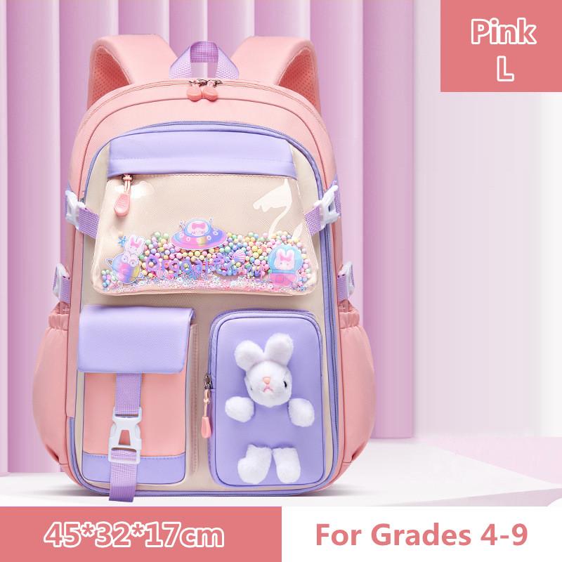 Niedlicher Prinzessinnen-Schulrucksack, wasserdichter Rucksack für Grundschüler der 1.-3.-6. Klasse, Mädchen-Kaninchen-Schultaschen L rosa