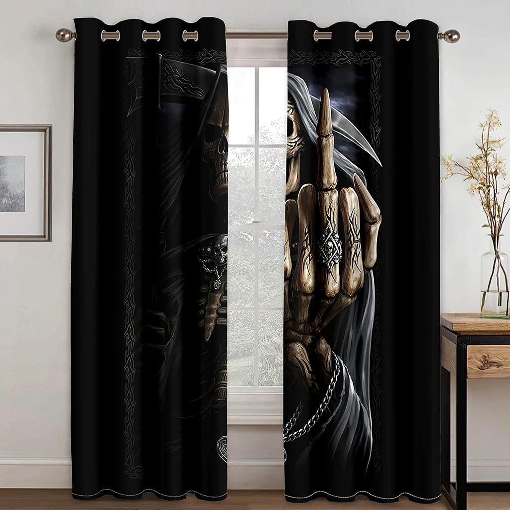 3D Horror Männlich Schwarzer Schädel Vorhänge Zupfen Chips Wohnzimmer Schlafzimmer Balkon Fenster Dekorative Vorhänge 2 Paneele 50W160H(CM)X2PCS&Hook