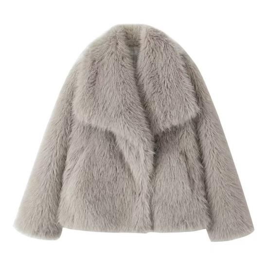 Damen Kunstfell Fuzzy Mantel Lässig Flauschig Langarm Revers Zottelige Jacke Winter Pelzig Offen Vorne Kurzer Mantel S helle khaki