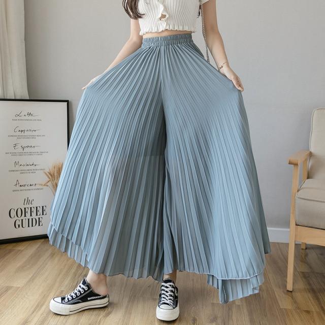 Frauen Sommer Plissee Lose Hosen Mode Weibliche Chiffon Elastische Taille Rock Hosen Breite Bein Hosen L blau
